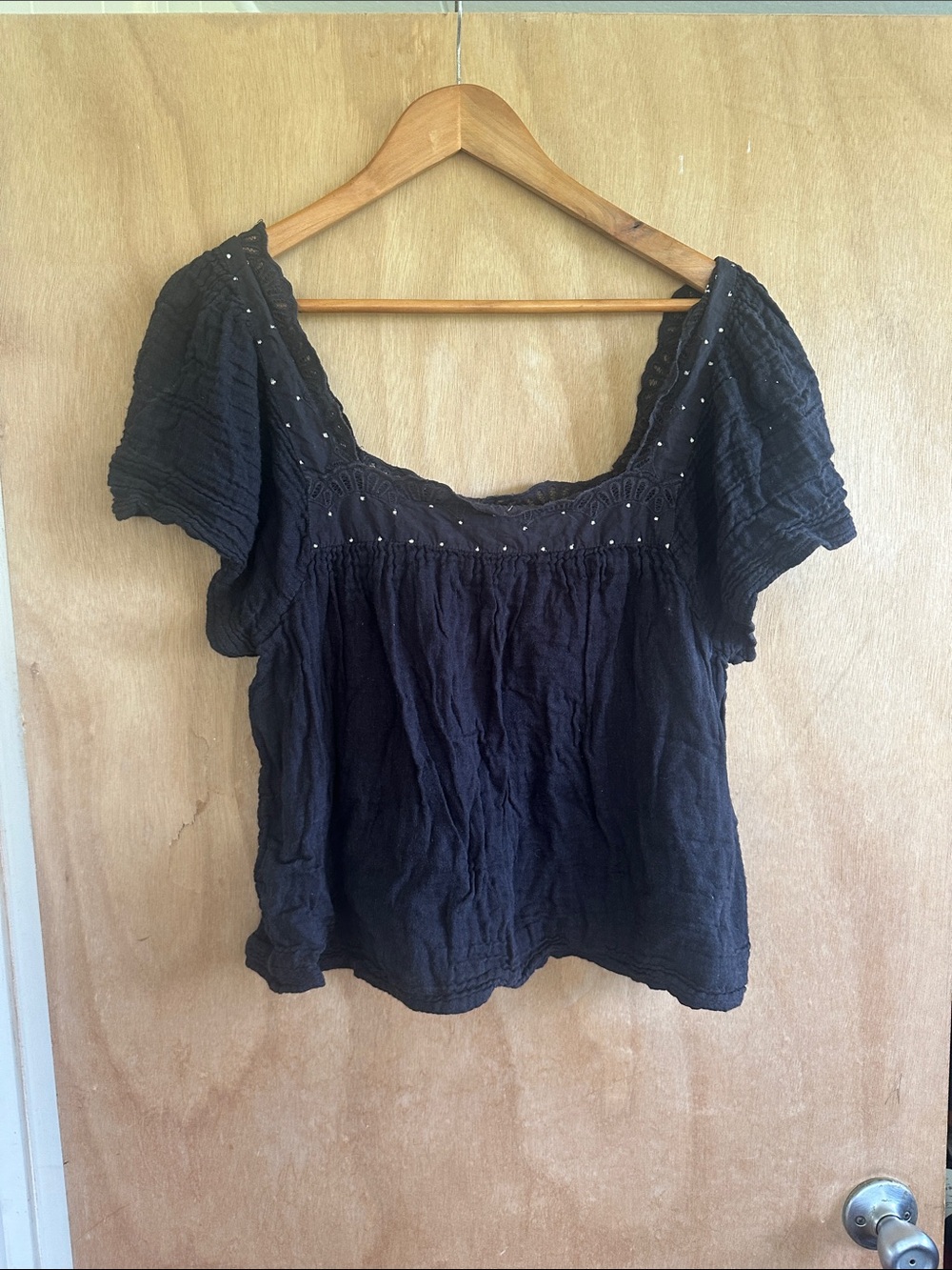 Sézane Black Crepe Square Neck Top | Short Sleeve Romantic French-Girl Blouse